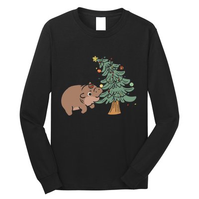 Funny Moo Deng Biting Xmas Tree Baby Pygmy Hippo Christmas Long Sleeve Shirt