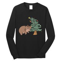 Funny Moo Deng Biting Xmas Tree Baby Pygmy Hippo Christmas Long Sleeve Shirt