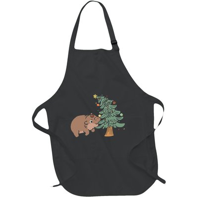 Funny Moo Deng Biting Xmas Tree Baby Pygmy Hippo Christmas Full-Length Apron With Pockets