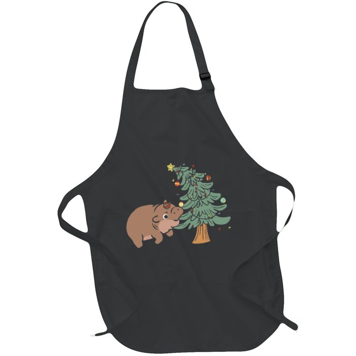Funny Moo Deng Biting Xmas Tree Baby Pygmy Hippo Christmas Apron