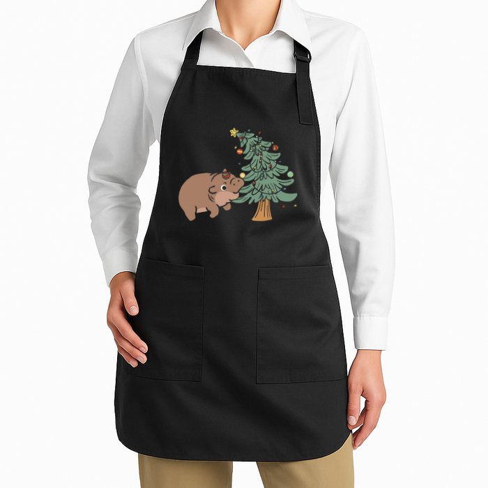 Funny Moo Deng Biting Xmas Tree Baby Pygmy Hippo Christmas Apron