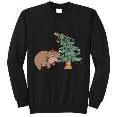Funny Moo Deng Biting Xmas Tree Baby Pygmy Hippo Christmas Sweatshirt