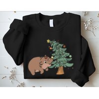 Funny Moo Deng Biting Xmas Tree Baby Pygmy Hippo Christmas Sweatshirt