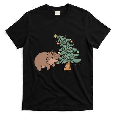 Funny Moo Deng Biting Xmas Tree Baby Pygmy Hippo Christmas T-Shirt
