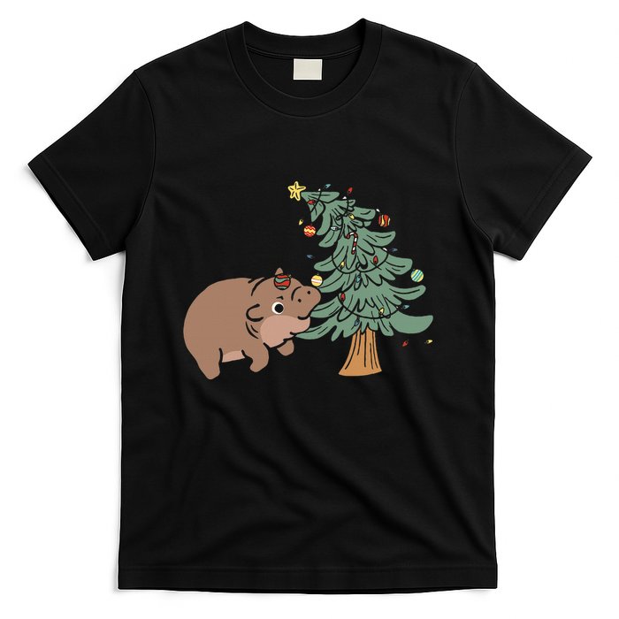 Funny Moo Deng Biting Xmas Tree Baby Pygmy Hippo Christmas T-Shirt