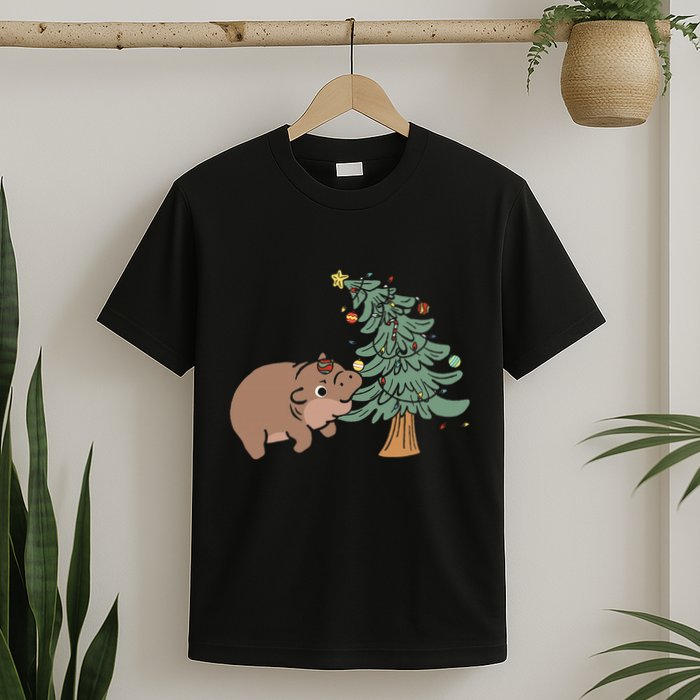 Funny Moo Deng Biting Xmas Tree Baby Pygmy Hippo Christmas T-Shirt