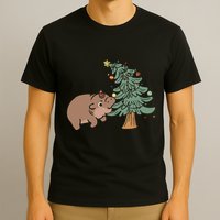 Funny Moo Deng Biting Xmas Tree Baby Pygmy Hippo Christmas T-Shirt