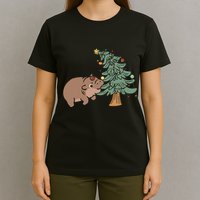 Funny Moo Deng Biting Xmas Tree Baby Pygmy Hippo Christmas T-Shirt
