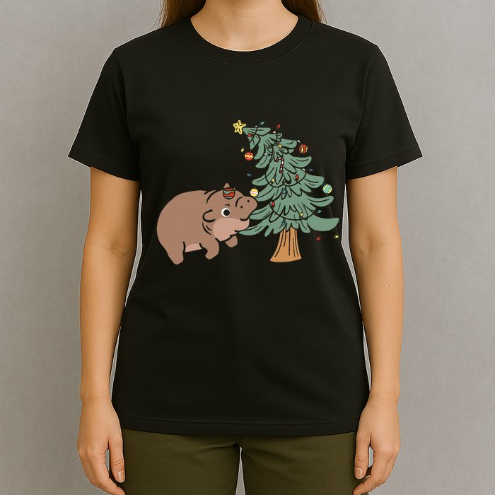 Funny Moo Deng Biting Xmas Tree Baby Pygmy Hippo Christmas T-Shirt