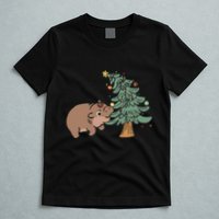 Funny Moo Deng Biting Xmas Tree Baby Pygmy Hippo Christmas T-Shirt