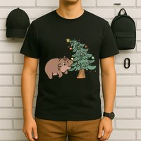 Funny Moo Deng Biting Xmas Tree Baby Pygmy Hippo Christmas T-Shirt