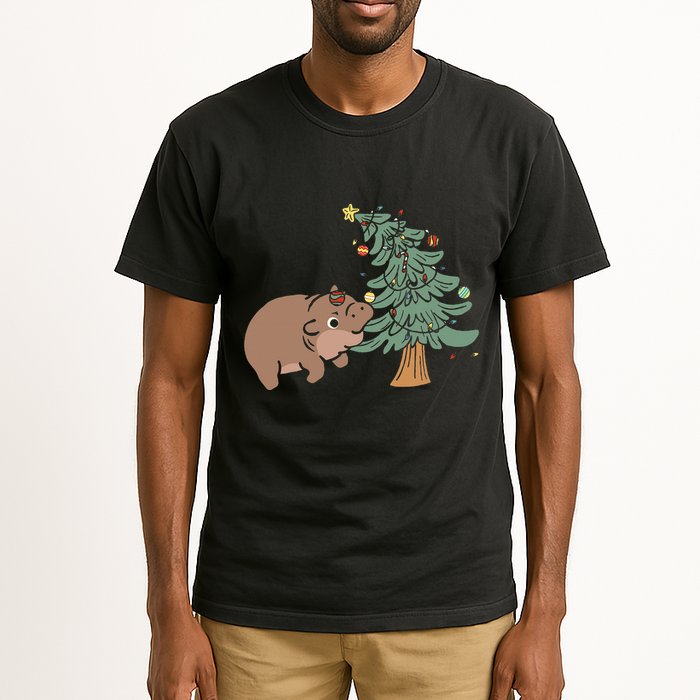 Funny Moo Deng Biting Xmas Tree Baby Pygmy Hippo Christmas Tall T-Shirt