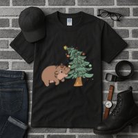 Funny Moo Deng Biting Xmas Tree Baby Pygmy Hippo Christmas Tall T-Shirt