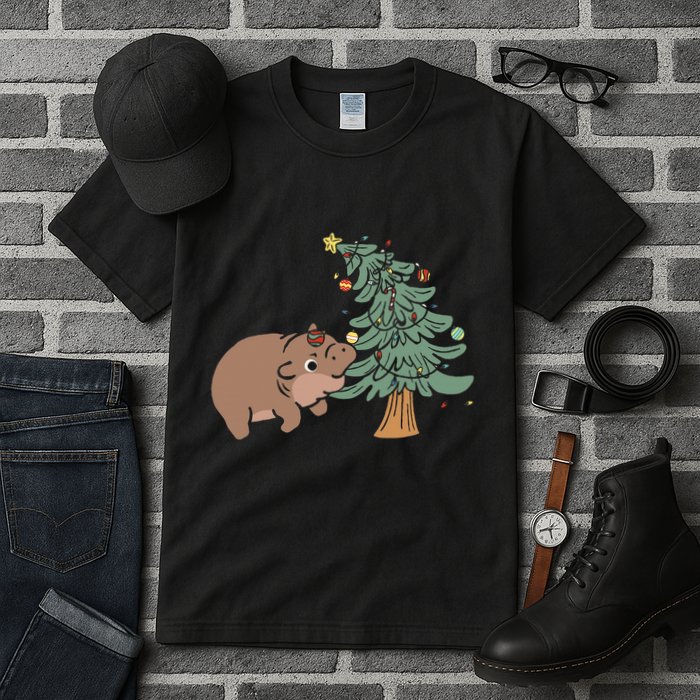 Funny Moo Deng Biting Xmas Tree Baby Pygmy Hippo Christmas Tall T-Shirt