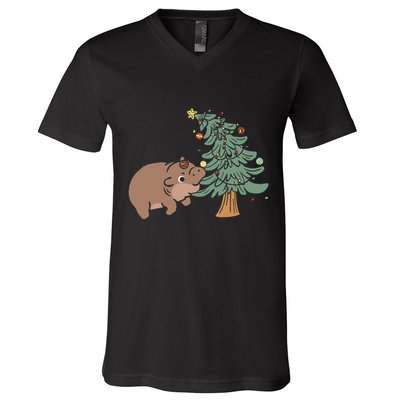 Funny Moo Deng Biting Xmas Tree Baby Pygmy Hippo Christmas V-Neck T-Shirt