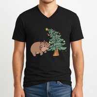 Funny Moo Deng Biting Xmas Tree Baby Pygmy Hippo Christmas V-Neck T-Shirt