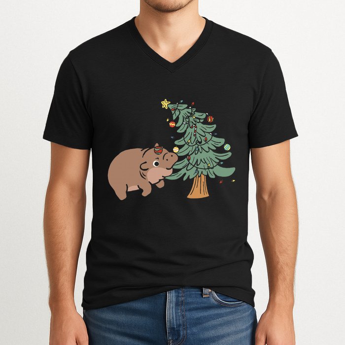 Funny Moo Deng Biting Xmas Tree Baby Pygmy Hippo Christmas V-Neck T-Shirt