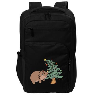 Funny Moo Deng Biting Xmas Tree Baby Pygmy Hippo Christmas Impact Tech Backpack