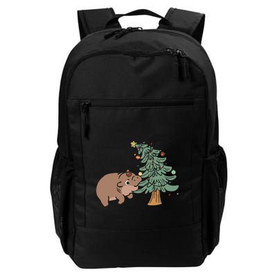 Funny Moo Deng Biting Xmas Tree Baby Pygmy Hippo Christmas Backpack