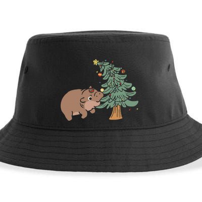 Funny Moo Deng Biting Xmas Tree Baby Pygmy Hippo Christmas Sustainable Bucket Hat