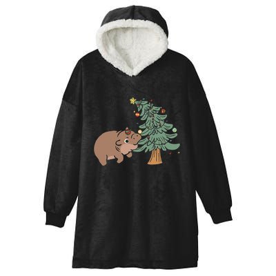 Funny Moo Deng Biting Xmas Tree Baby Pygmy Hippo Christmas Hooded Wearable Blanket