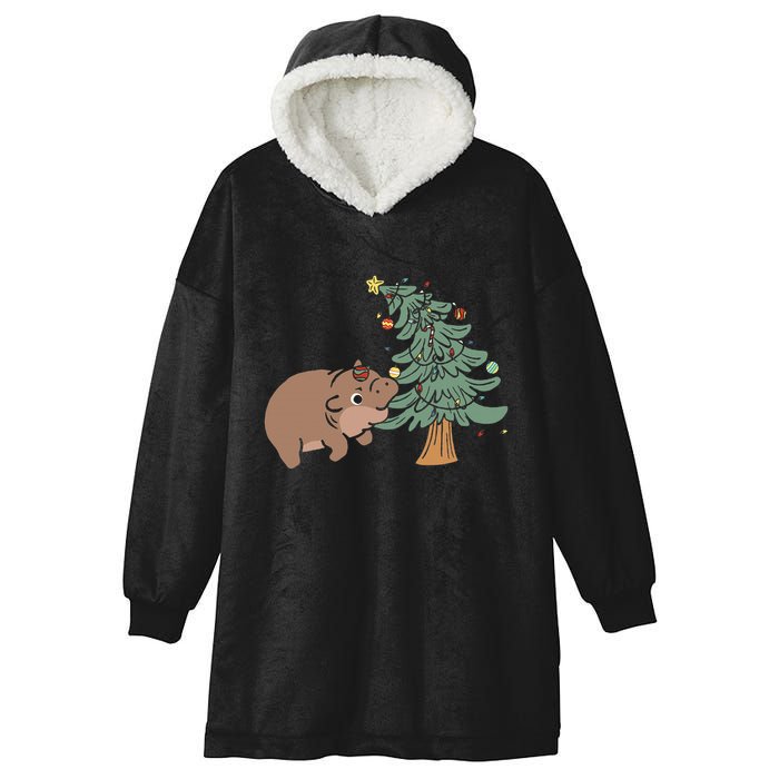 Funny Moo Deng Biting Xmas Tree Baby Pygmy Hippo Christmas Hooded Wearable Blanket