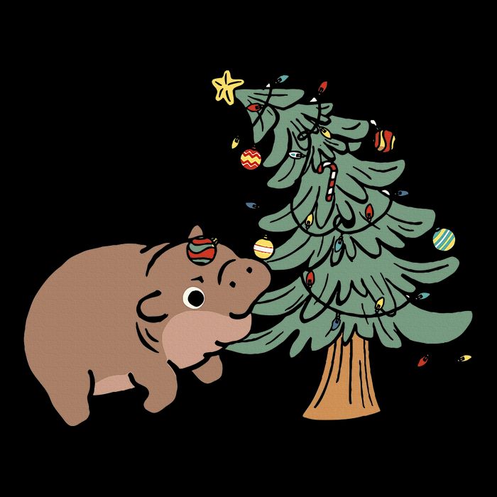 Funny Moo Deng Biting Xmas Tree Baby Pygmy Hippo Christmas 7-Panel Snapback Hat