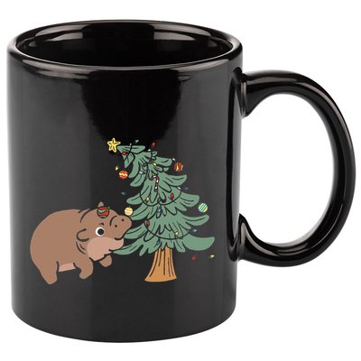 Funny Moo Deng Biting Xmas Tree Baby Pygmy Hippo Christmas 11oz C Handle Ceramic Mug