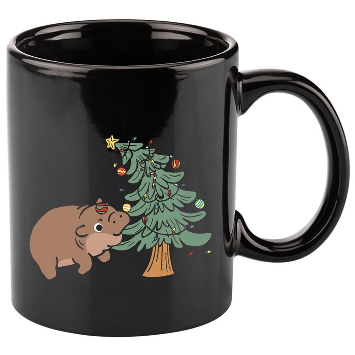 Funny Moo Deng Biting Xmas Tree Baby Pygmy Hippo Christmas 11oz C Handle Ceramic Mug