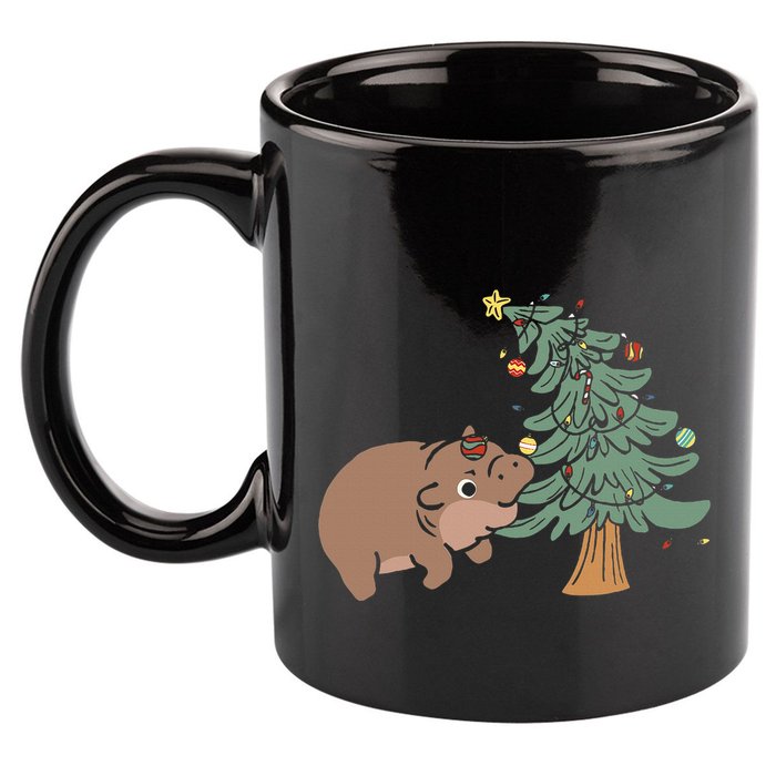 Funny Moo Deng Biting Xmas Tree Baby Pygmy Hippo Christmas 11oz C Handle Ceramic Mug