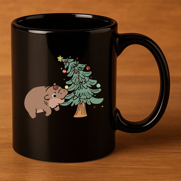 Funny Moo Deng Biting Xmas Tree Baby Pygmy Hippo Christmas 11oz C Handle Ceramic Mug