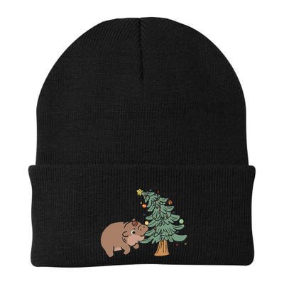 Funny Moo Deng Biting Xmas Tree Baby Pygmy Hippo Christmas Beanie