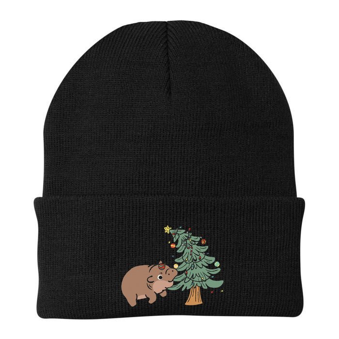 Funny Moo Deng Biting Xmas Tree Baby Pygmy Hippo Christmas Beanie