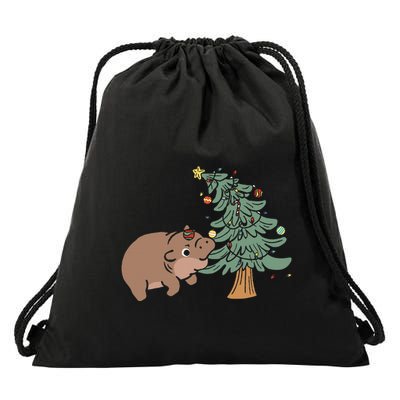 Funny Moo Deng Biting Xmas Tree Baby Pygmy Hippo Christmas Drawstring Bag
