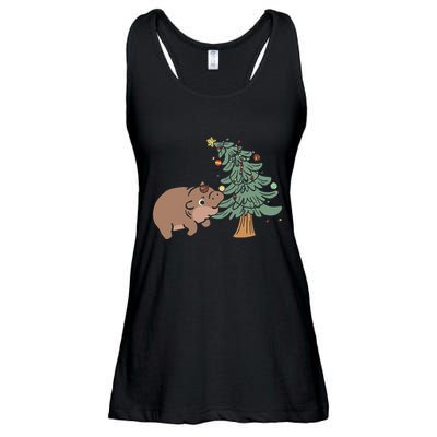 Funny Moo Deng Biting Xmas Tree Baby Pygmy Hippo Christmas Ladies Essential Flowy Tank
