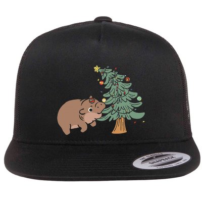 Funny Moo Deng Biting Xmas Tree Baby Pygmy Hippo Christmas Flatbill Hat