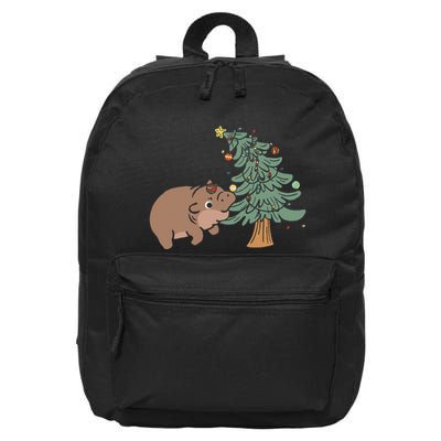 Funny Moo Deng Biting Xmas Tree Baby Pygmy Hippo Christmas 16 in Basic Backpack