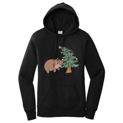 Funny Moo Deng Biting Xmas Tree Baby Pygmy Hippo Christmas Women's Pullover Hoodie