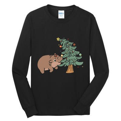 Funny Moo Deng Biting Xmas Tree Baby Pygmy Hippo Christmas Tall Long Sleeve T-Shirt