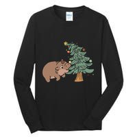 Funny Moo Deng Biting Xmas Tree Baby Pygmy Hippo Christmas Tall Long Sleeve T-Shirt