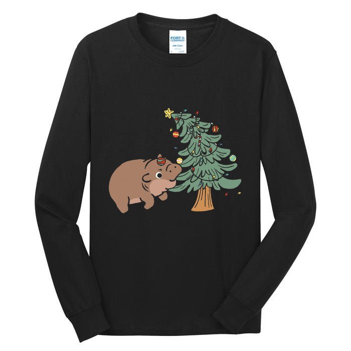 Funny Moo Deng Biting Xmas Tree Baby Pygmy Hippo Christmas Tall Long Sleeve T-Shirt