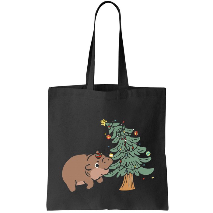 Funny Moo Deng Biting Xmas Tree Baby Pygmy Hippo Christmas Bag
