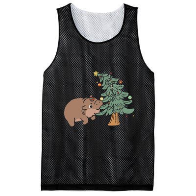 Funny Moo Deng Biting Xmas Tree Baby Pygmy Hippo Christmas Mesh Reversible Basketball Jersey Tank