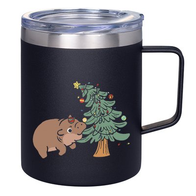 Funny Moo Deng Biting Xmas Tree Baby Pygmy Hippo Christmas 12oz Stainless Steel Coffee Mug