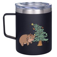 Funny Moo Deng Biting Xmas Tree Baby Pygmy Hippo Christmas 12oz Stainless Steel Coffee Mug