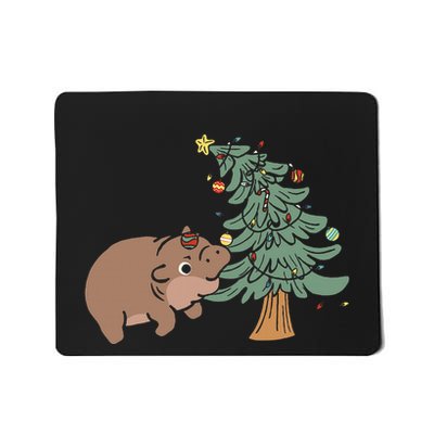 Funny Moo Deng Biting Xmas Tree Baby Pygmy Hippo Christmas Mousepad