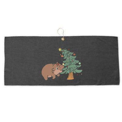 Funny Moo Deng Biting Xmas Tree Baby Pygmy Hippo Christmas Large Microfiber Waffle Golf Towel