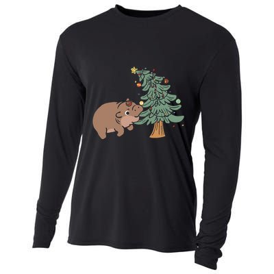 Funny Moo Deng Biting Xmas Tree Baby Pygmy Hippo Christmas Cooling Performance Long Sleeve Crew