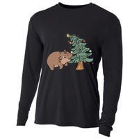 Funny Moo Deng Biting Xmas Tree Baby Pygmy Hippo Christmas Cooling Performance Long Sleeve Crew