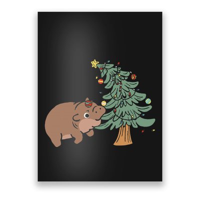 Funny Moo Deng Biting Xmas Tree Baby Pygmy Hippo Christmas Poster
